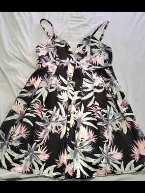 Womens Tropical Print Black Sundress with Pink & Mint Leaves